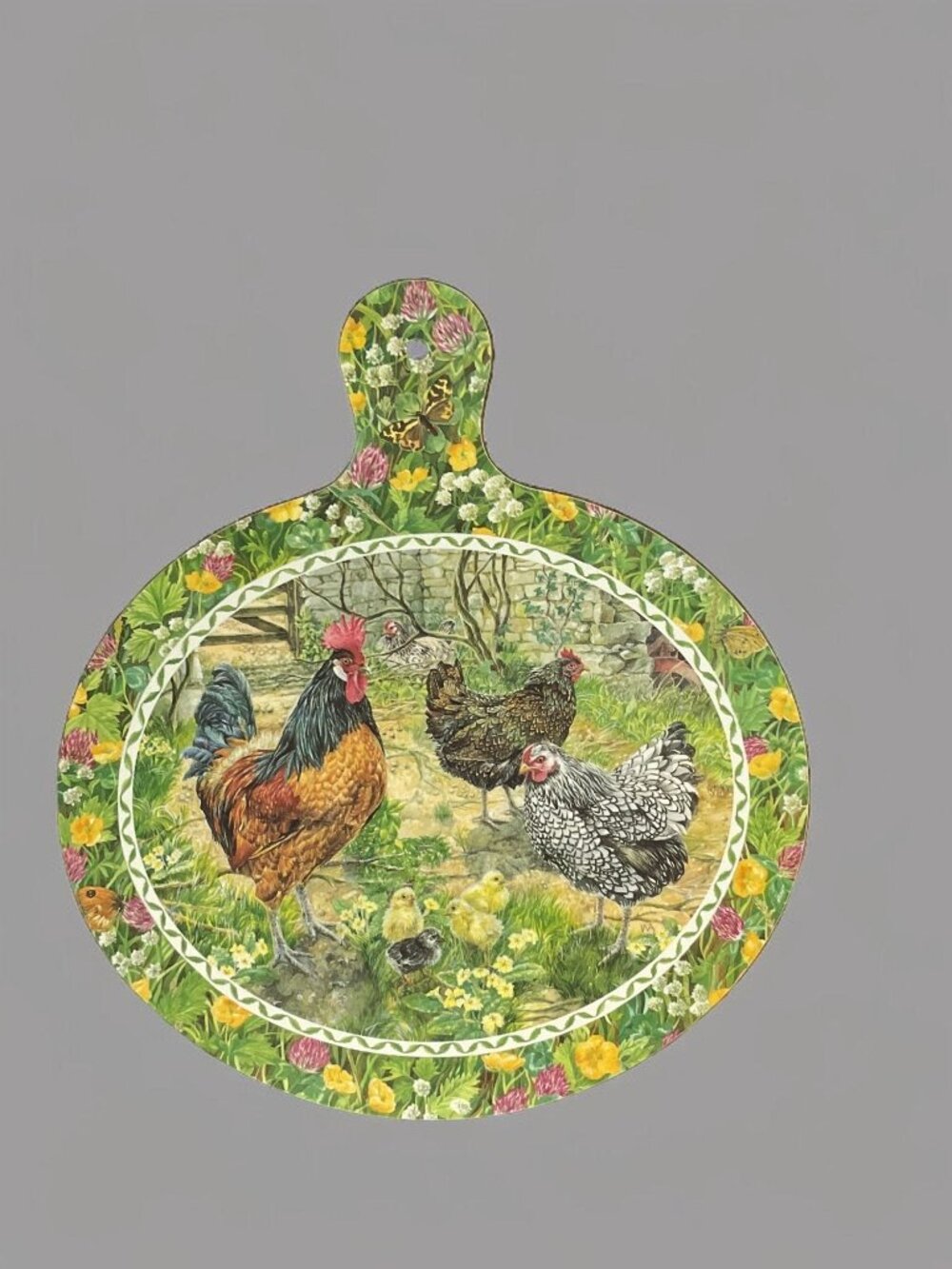 Cloverleaf Farm Scenes Round Chopping Board With Handle - Rooster & Hen Design